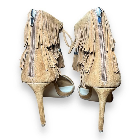 Steve Madden Womens Shay Sandal High Heel Shoes Brown Suede Fringe Tassel Zip 8M - Picture 2 of 11